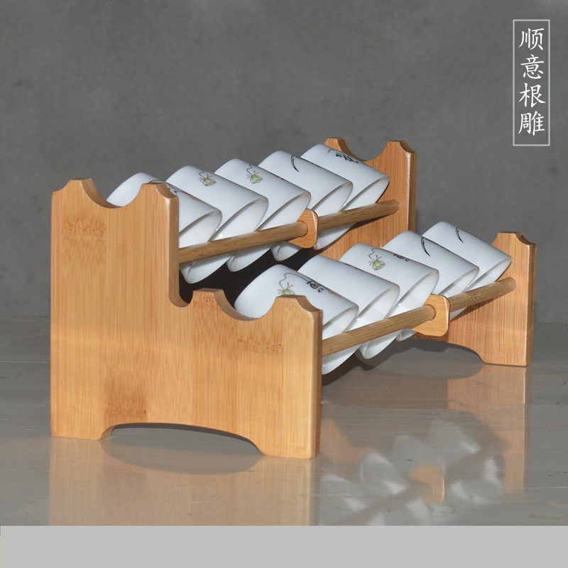 功夫茶道茶杯架托盘竹制茶杯架子A茶具收纳沥水架双层茶杯杯架套