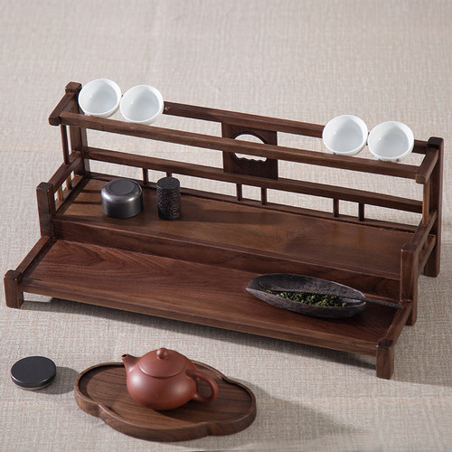 北美黑胡桃木茶具茶杯收w纳层架置物架桌面小型博古架茶具