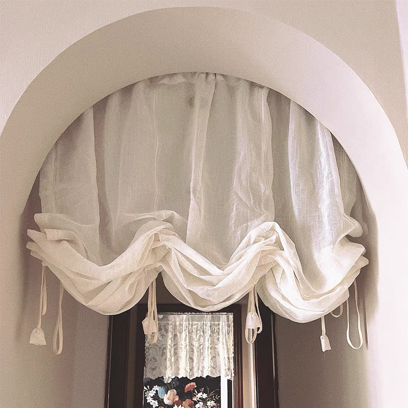 日式亚麻提d拉帘弧形拱形门帘复古罗马帘魔术贴半帘系带升降帘隔