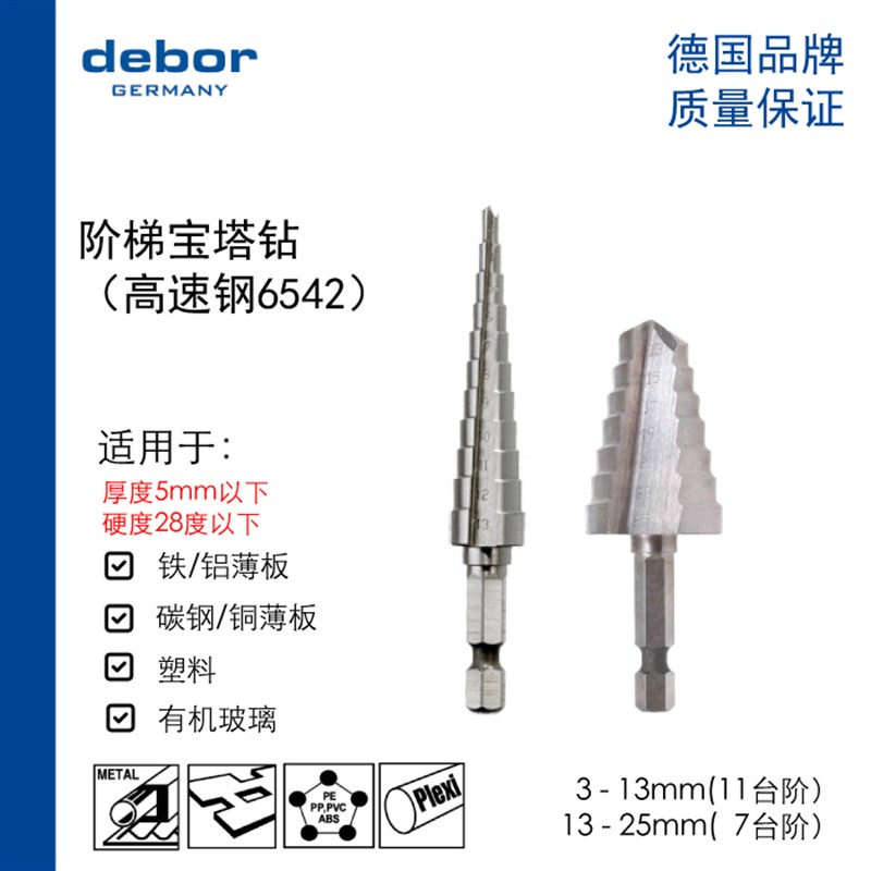 德国debor宝塔钻台阶钻头3-25沉头钻钢L板铁板开孔器六角柄阶梯钻
