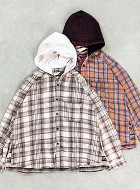 现货 ANCELLM CHECK HOODIE SHIRT 做旧法兰绒格纹连帽衬衫 25AW