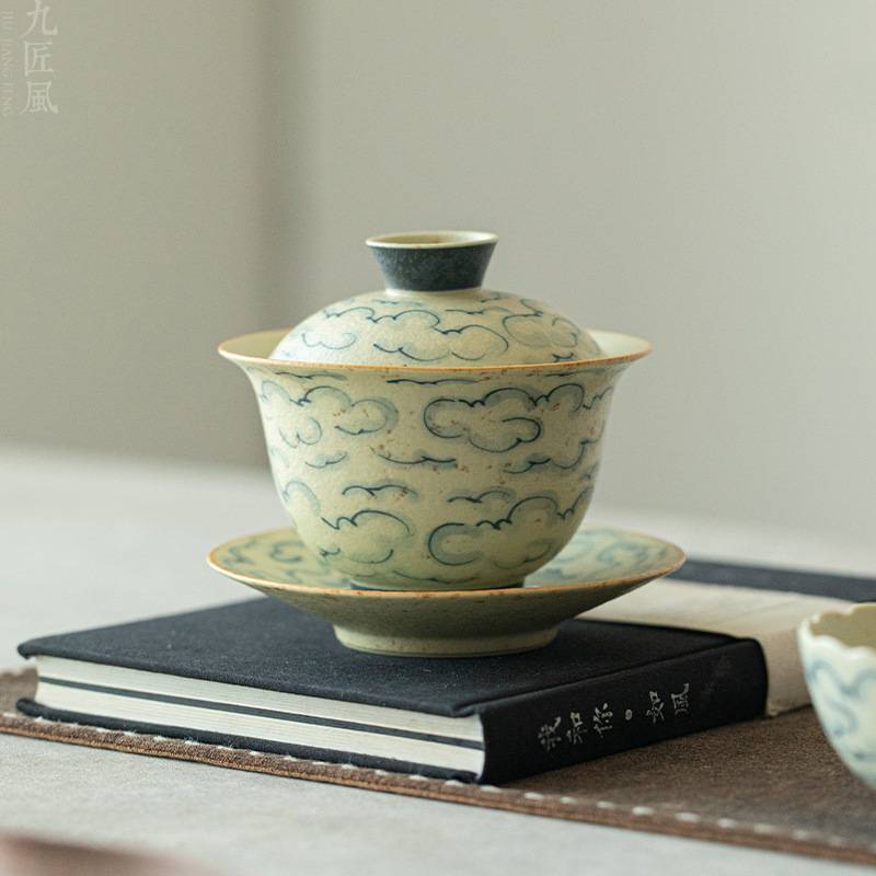 手绘祥云三才盖碗青花火石红釉下彩泡茶器家用功夫茶具陶瓷敬茶碗