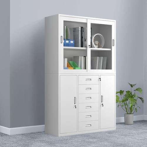 中六斗文件柜铁皮柜加厚冷轧钢板玻璃移门活动隔板储物柜