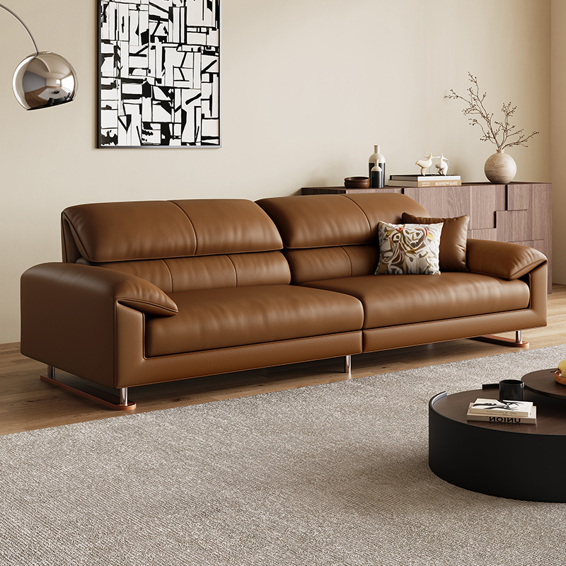 意式极简焦糖色大象耳朵真皮沙发客厅直排头层牛皮艺沙发新款家用