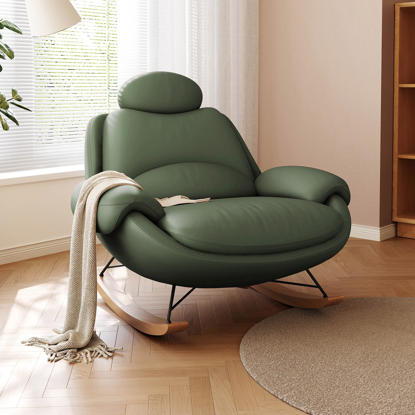 现代极简约绿色真皮沙发摇摇椅客厅阳台小户型头层牛皮单人位新款
