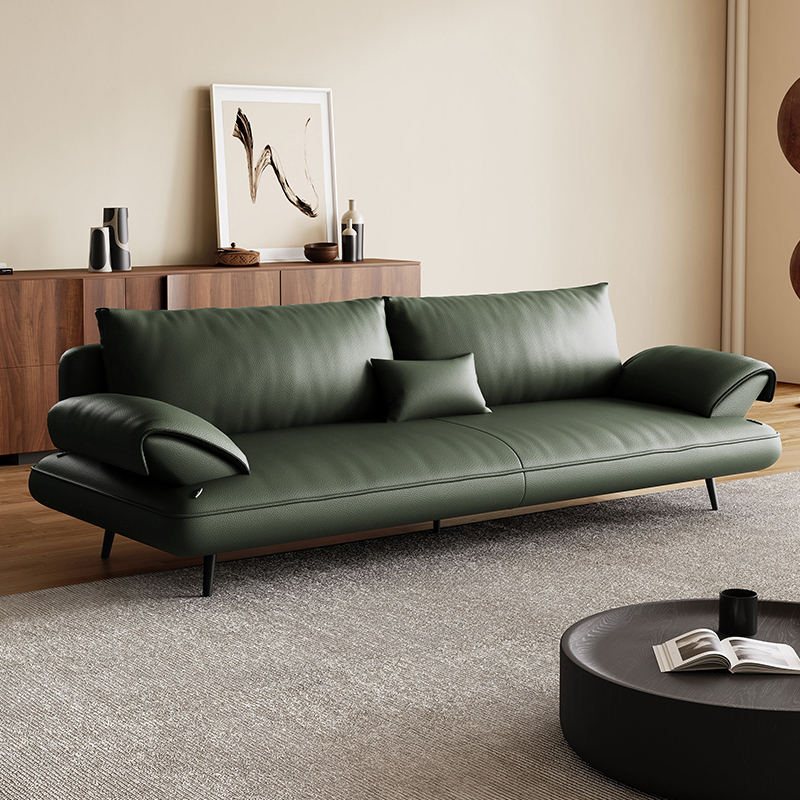 意式极简绿色头层真牛皮沙发客厅小户型直排现代帆船皮艺沙发新款
