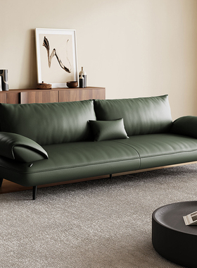 意式极简绿色头层真牛皮沙发客厅小户型直排现代帆船皮艺沙发新款