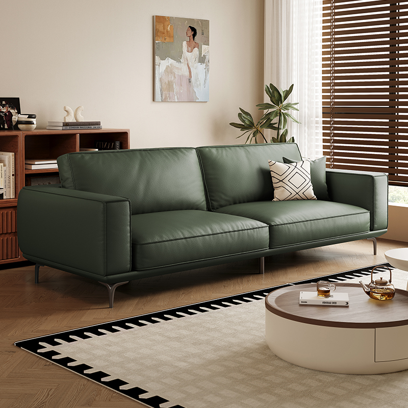 意式极简约墨绿色真皮沙发
