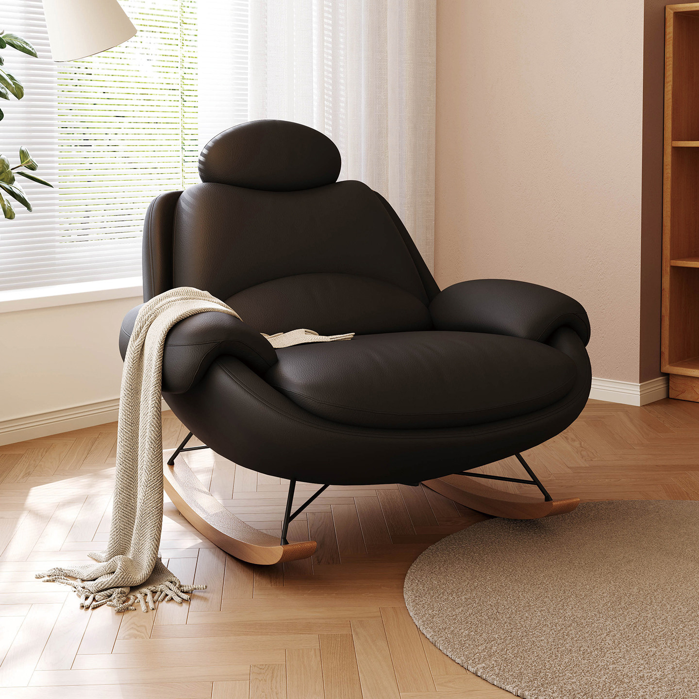 意式极简约黑色真皮沙发摇摇椅客厅阳台小户型头层牛皮单人位新款