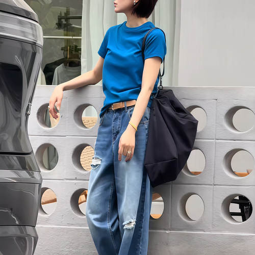 夏季套装女2026新款印花短袖T恤显瘦做旧破洞牛仔阔腿裤两件套女