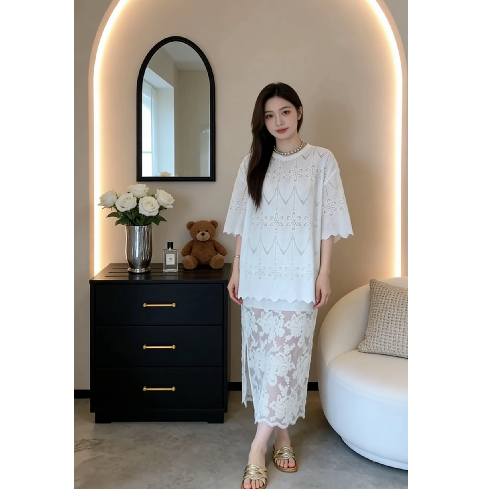 法式甜美风白色刺绣短袖+透视蕾丝半裙两件套女夏季温柔显瘦套装