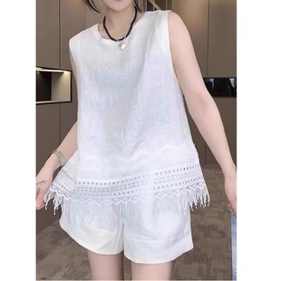 欧洲站新款亚麻天丝时尚两件套女后开叉蕾丝流苏背心休闲短裤套装