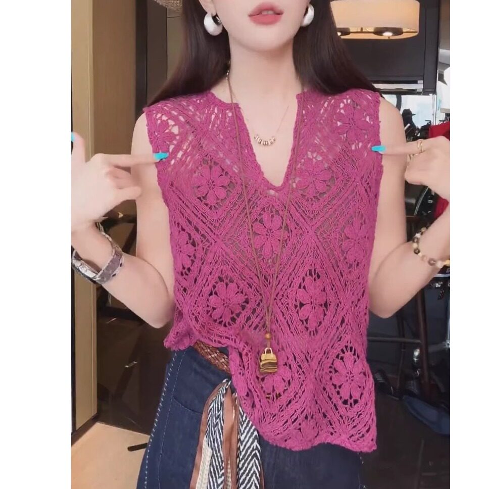 玫紫色钩花镂空针织马甲女夏季新款薄款罩衫宽松v领高级感上衣ins