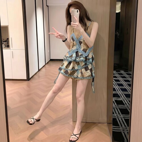 波西米亚风撞色拼接无袖镂空上衣高腰半身裙裤两件套夏季时尚套装
