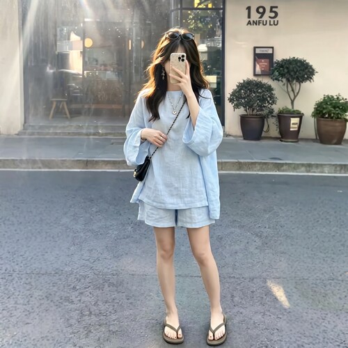 极简风亚麻衬衫套装女春夏新款松弛感气质宽松圆领上衣短裤两件套