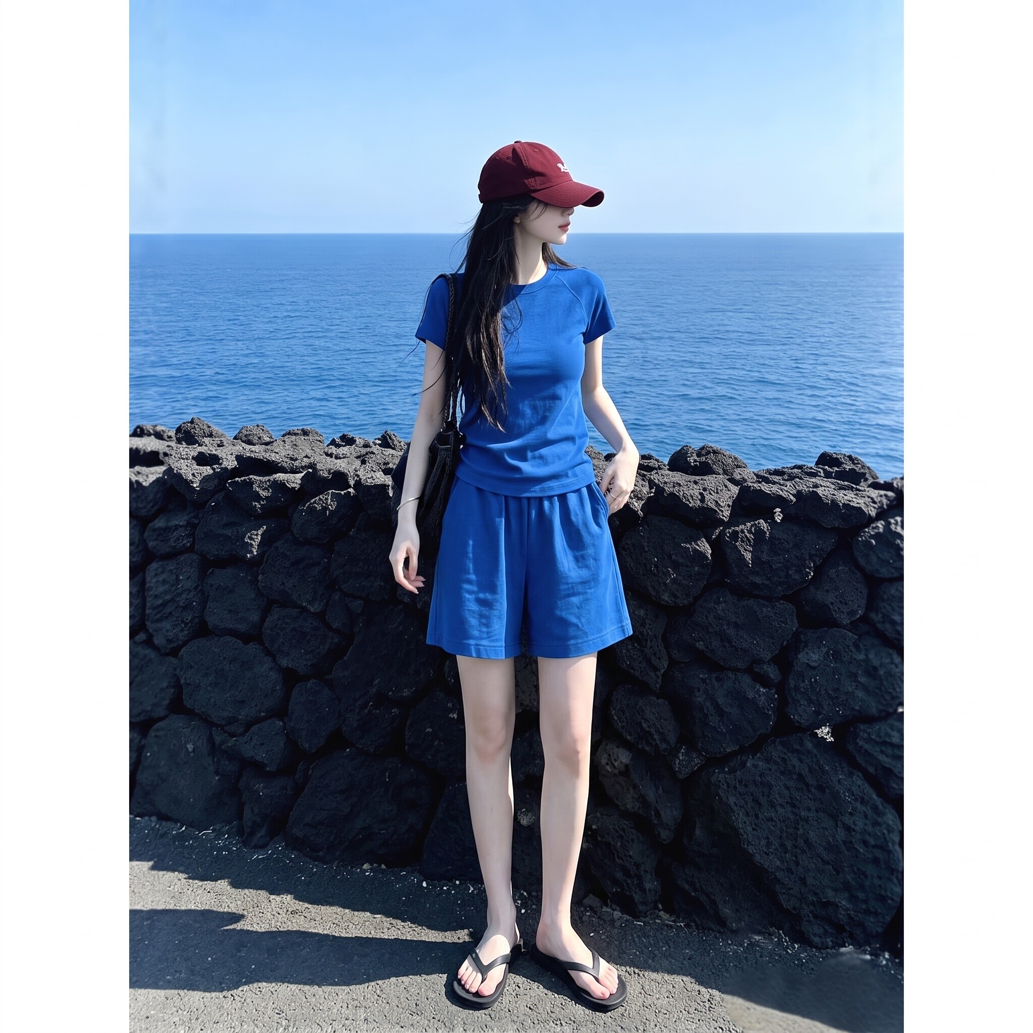 夏季新款蓝色短袖套装女宽松显瘦短裤两件套时尚减龄百搭休闲套装