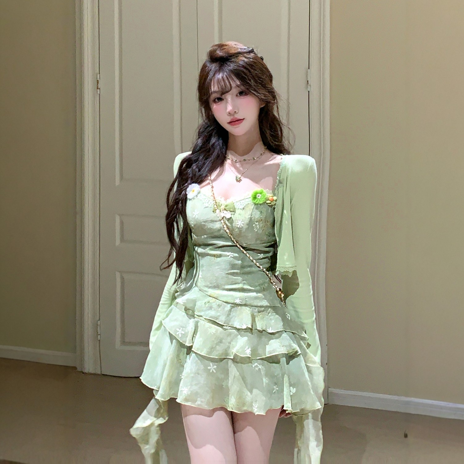 法式甜美纯欲风绿色花朵