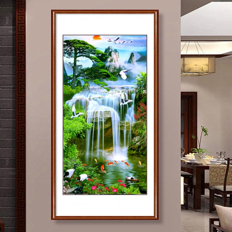 2024新款十字绣线绣流水生财风景山水画客厅竖版玄关走廊大气手工