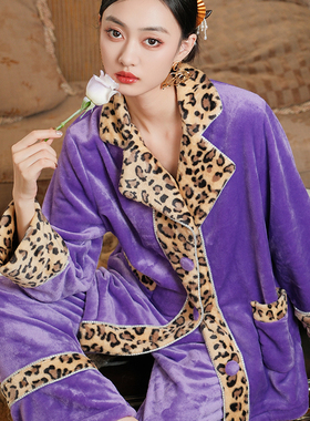 SOLE MUSE紫色豹纹家居服套装保暖可外穿加厚秋冬