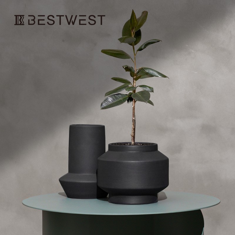 Best west 黑色直筒陶瓷釉面花瓶花盆  家居软装样板间装饰品花器