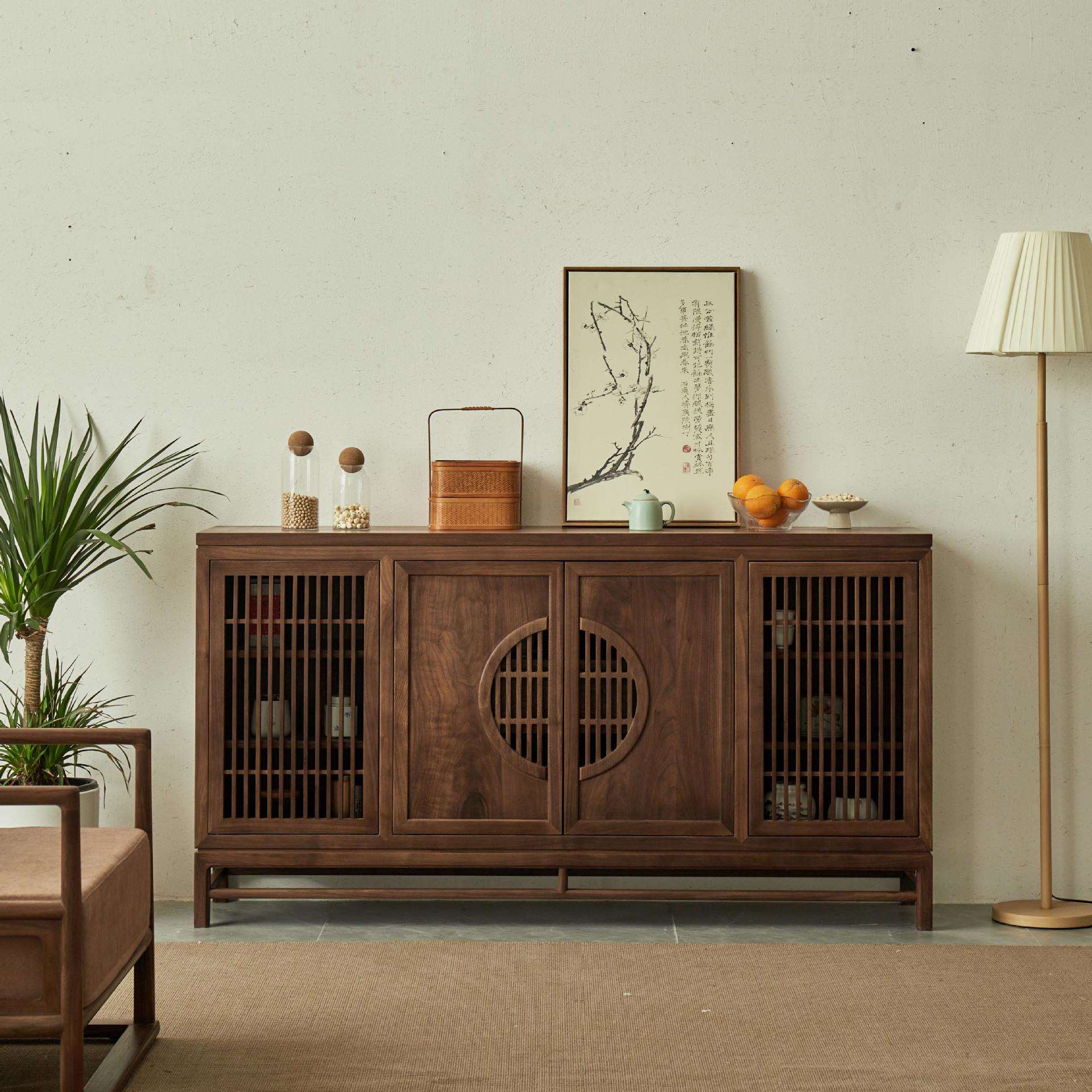 新中式实木餐边柜边柜老榆木玄关柜茶室黑胡桃木储物柜收纳家具