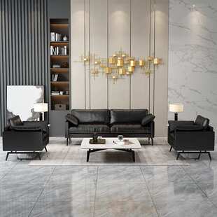 办公室沙发茶几组合套装三人位简约现代会客区接待西皮沙发新款