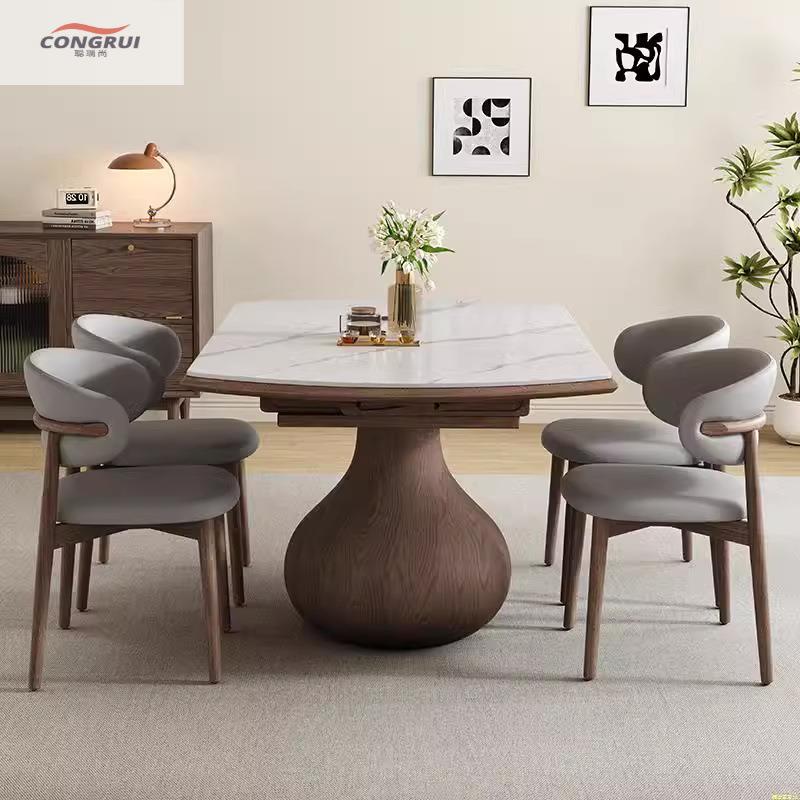 古风实木岩板餐桌椅组合伸缩餐桌两用现代简约小户型家用折叠圆桌