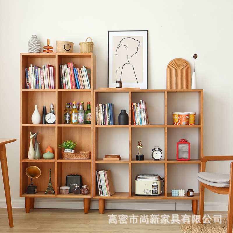 日式实木书架简约展示多格置物架北欧白橡木书柜落地樱桃木收纳柜