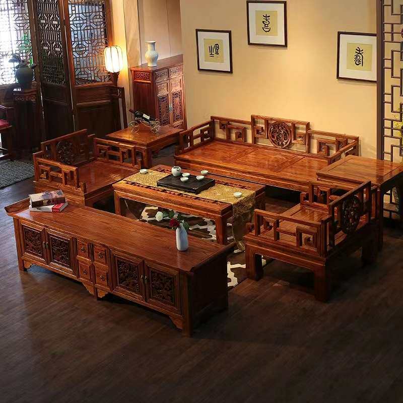 实木客厅沙发茶几组合中国风禅意沙发古典中式老榆木沙发清式家具