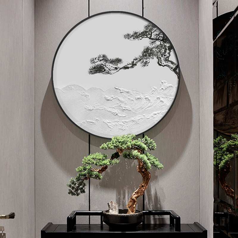 新中式客厅装饰画圆形led灯玄关走廊挂画迎客松油画立体浮雕海浪