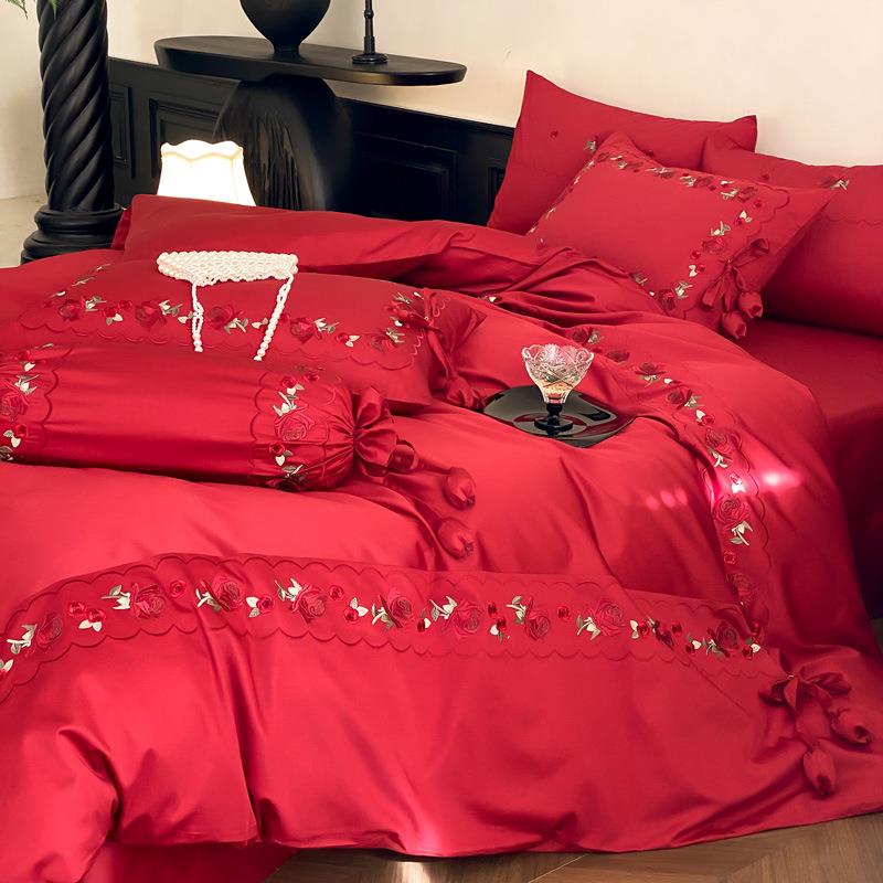 100S贡缎长绒棉全棉婚庆四件套玫瑰刺绣纯棉被套床单结婚床上用品