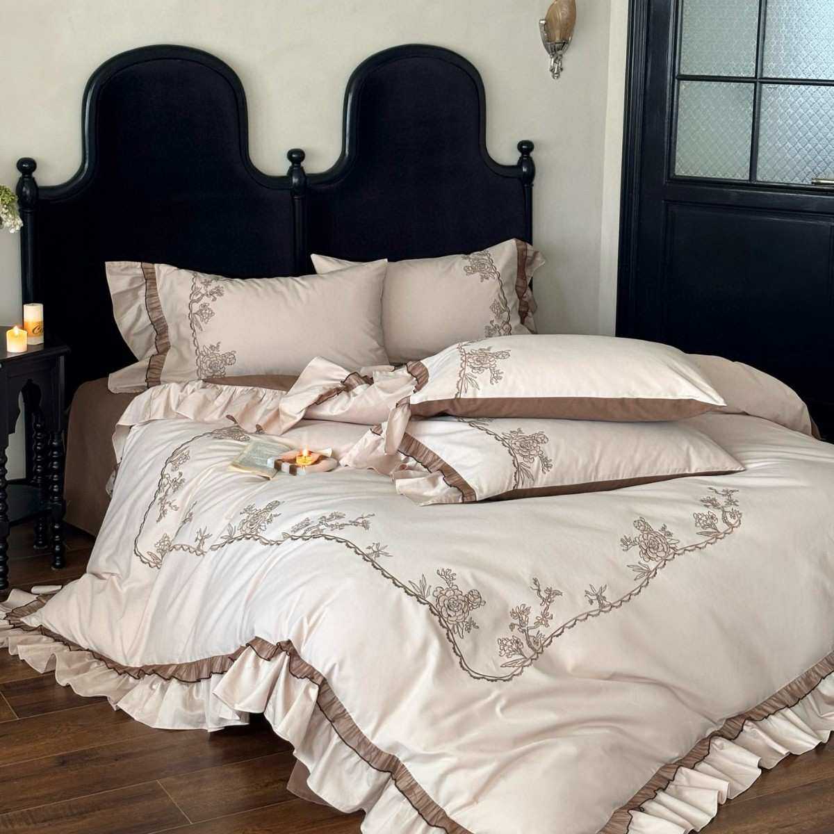 100支磨毛四件套纯棉全棉韩式花边床上用品被套床单刺绣4件套秋冬