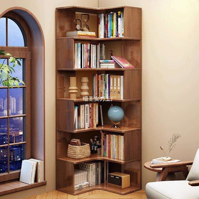 实木转角书架落地置物架现代简约家用客厅墙角储物柜卧室简约书柜