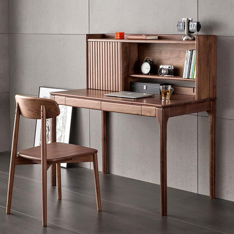 北欧黑胡桃木全实木书桌书架电脑桌现代简约卧室梳妆台多功能学习