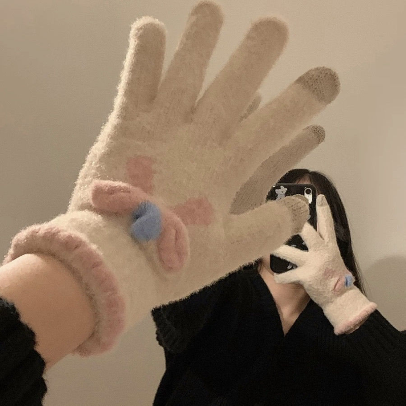 可爱蝴蝶结毛绒针织五指手套女士冬季保暖加厚触屏骑车防寒冻学生