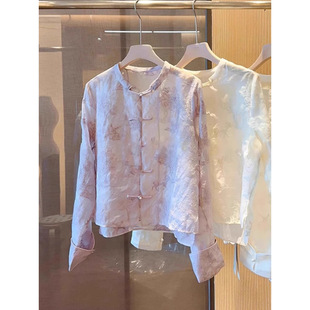 国风刺绣衬衫女装秋季薄款设计感小众宽松V领外搭新中式开衫上衣