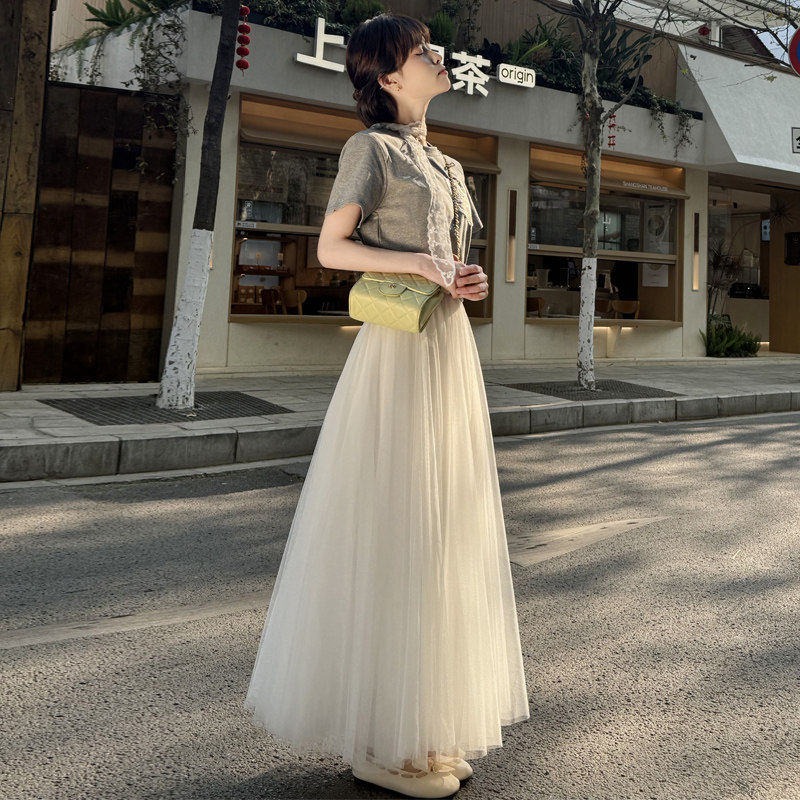 2026夏季新款纱裙白色网纱半身裙女垂坠感a字高腰长裙大摆蓬蓬裙