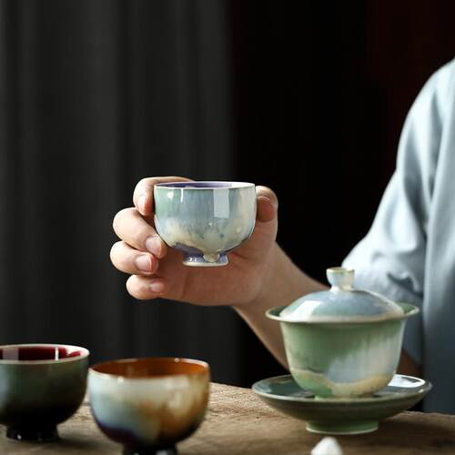 琼台飞雪系列套组极光窑变全手工三才盖碗泡茶碗主人杯品杯小茶杯