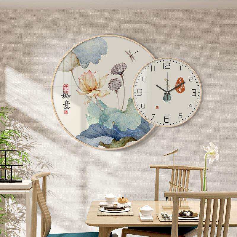 新中式荷花福禄双全时钟表组合圆形装饰画客厅餐厅高级挂画中国风