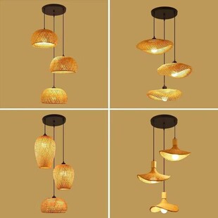 竹编组合吊灯创意餐厅卧室客厅灯笼复古藤编多头楼梯三头竹艺灯具