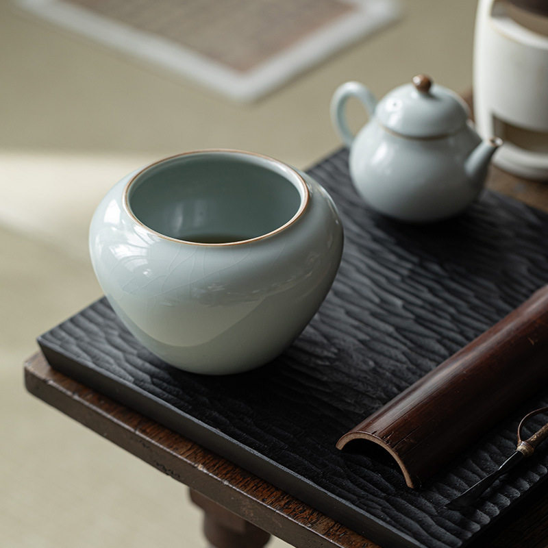 明泉茶斋汝窑冰裂釉开片可养建水家用茶洗茶道零配件废水桶茶渣缸