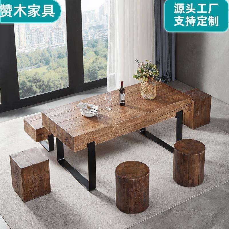 原木个性餐桌椅组合长条木桩办公桌酒店接待桌复古坐墩餐饮休闲桌