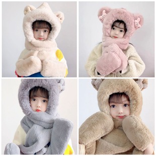 儿童帽子围巾手套三件套冬季学生帽子带围巾一体冬天护耳围脖保跨