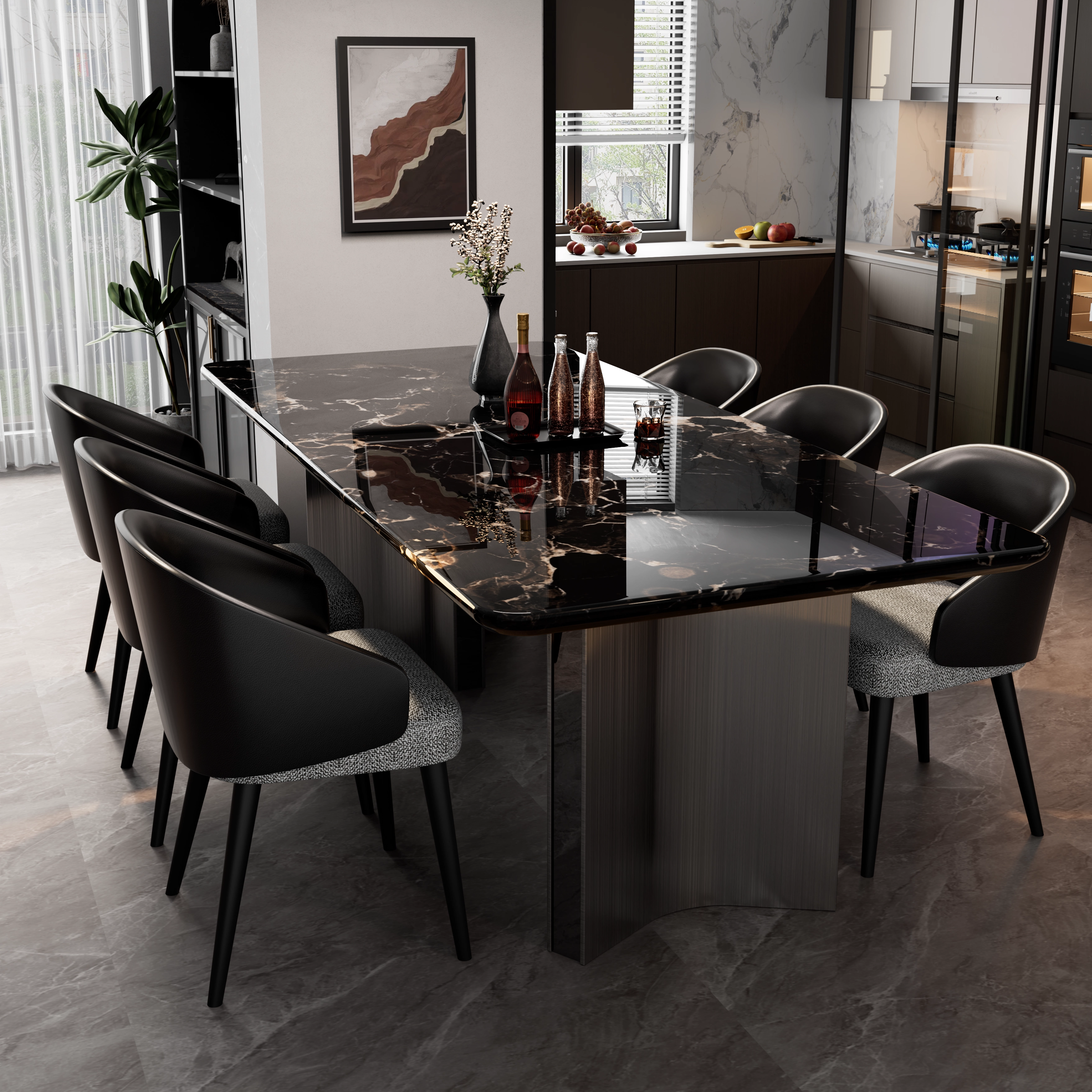黑玫瑰轻奢石纹天然大理石餐桌椅组合2025新款长方形家用吃饭桌子