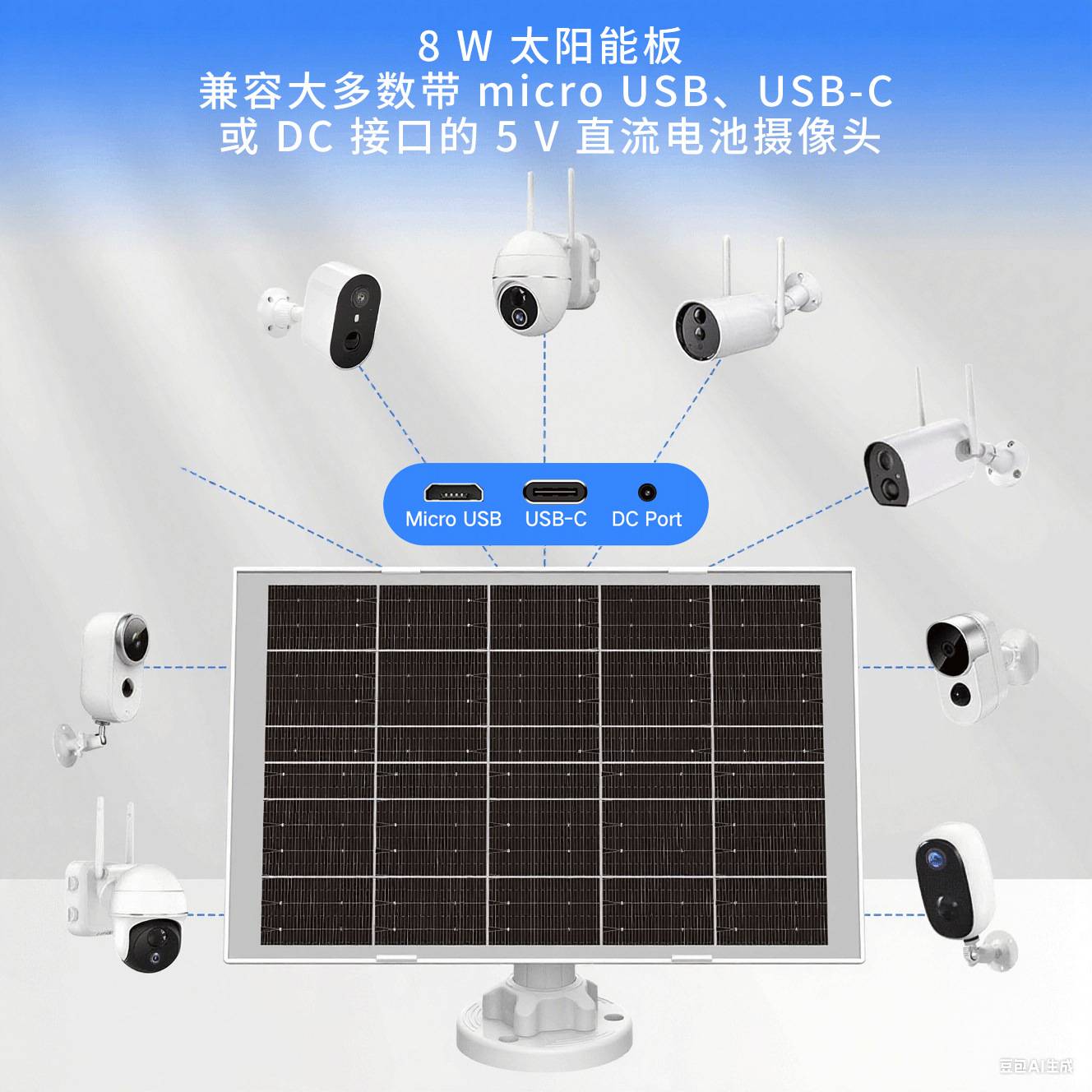 8W太阳能光伏板单板监控摄像头低功耗安防物联充电板 可充电