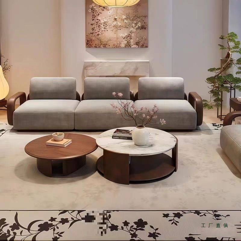 沙发客厅2025新款茶几抱枕组合直排布艺沙发现代简约实木黑胡桃木