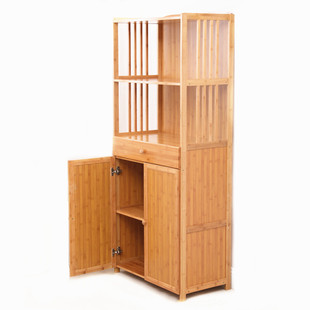 厨房置物架竹微波炉架子落地多层收纳实J木带门碗柜储物柜子置物