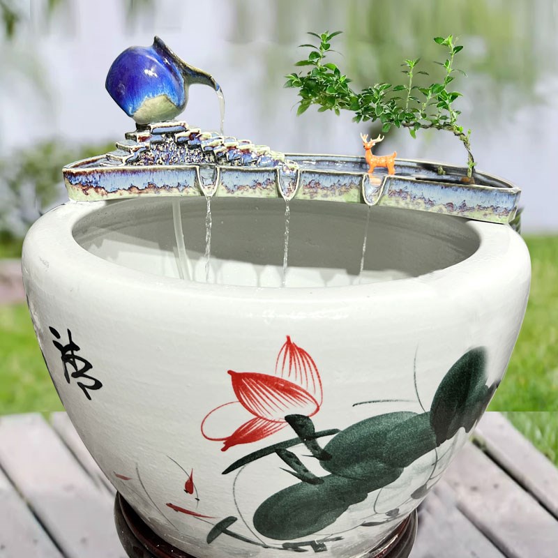 陶瓷流水摆件水循环m古法养鱼庭院鱼池造景生态鱼缸过滤器搭配石