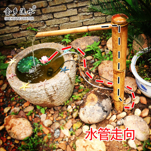 日式庭院石槽盆砵永动循环流水x摆件 喷泉鱼缸装饰造景 竹子流水