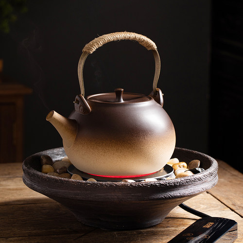 复古电陶炉煮茶壶陶瓷烧水壶粗陶B侧把养生壶家用客厅明火围炉碳